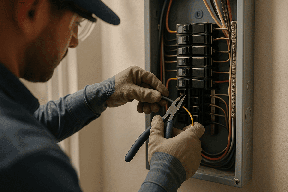 Close-up of electrician’s gloved hands connecting wires inside residential electrical panel